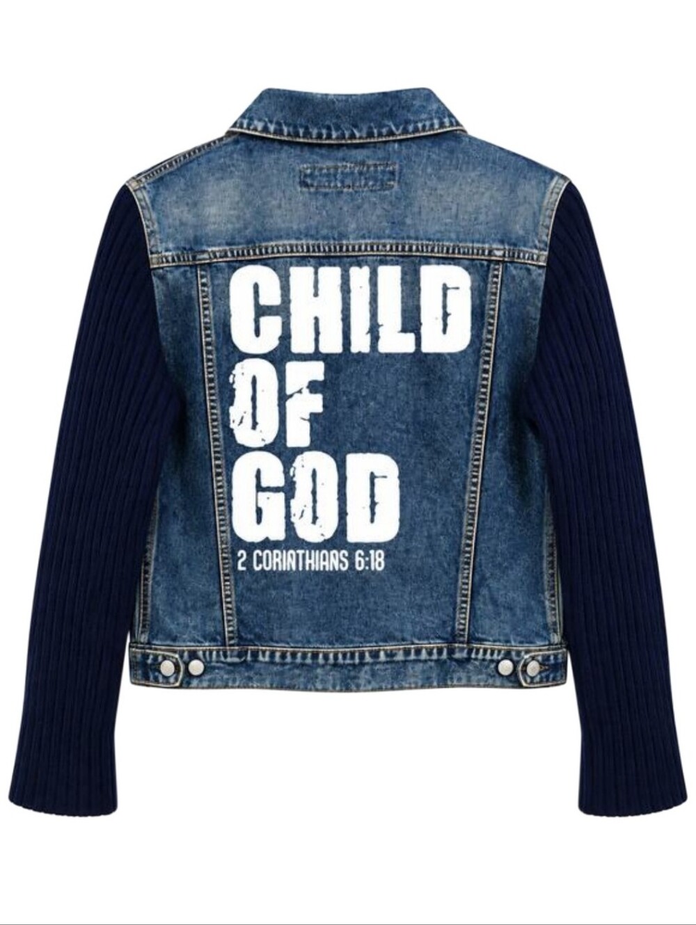Child of God Custom Christian Upcycled Guess Jeans Knit Sleeves Denim Jacket, XL